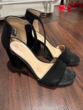 Stuart Weitzman Black Suede Open-Toe Ankle-Strap Block Heels